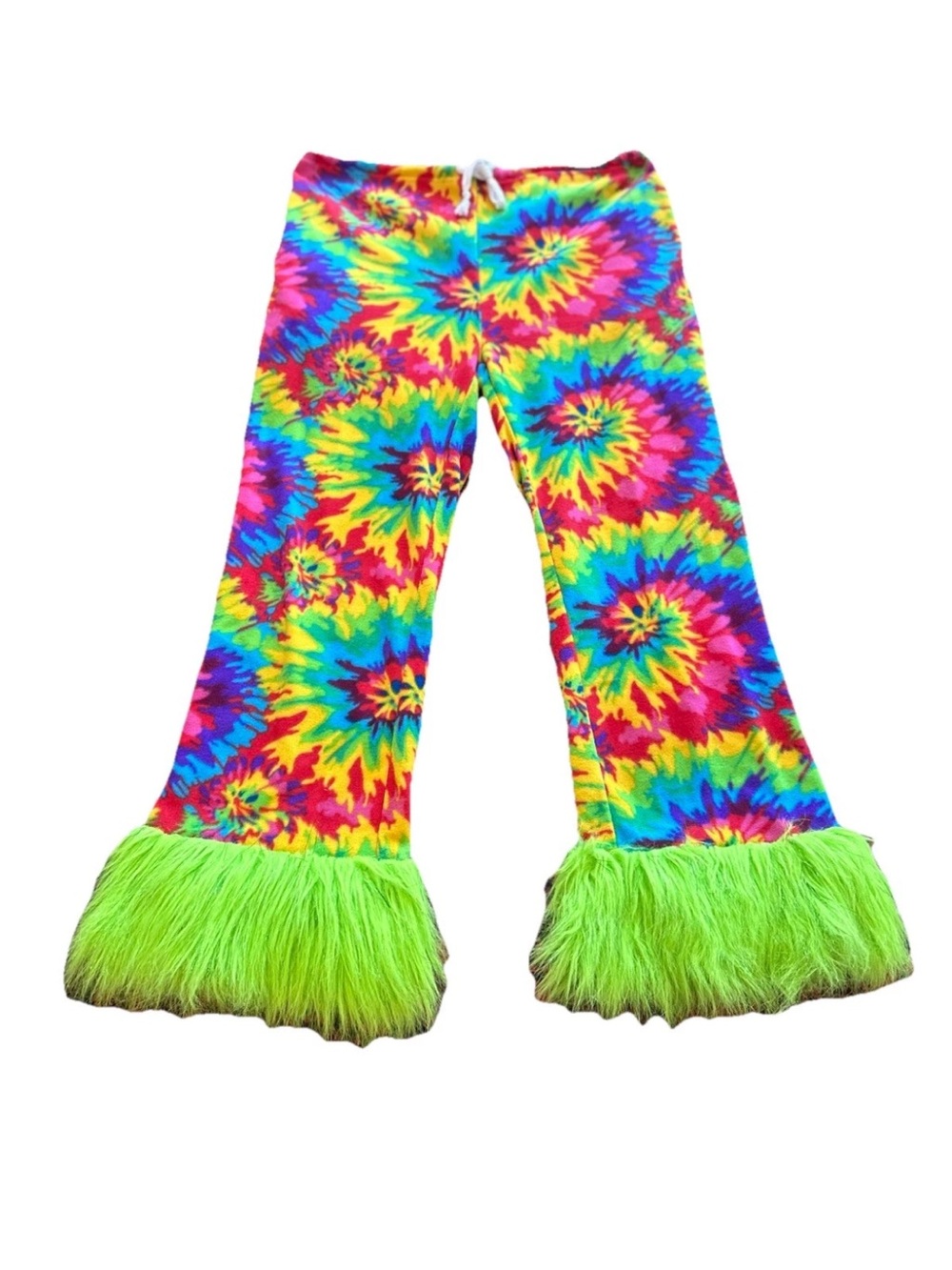 Grandma Pants Tie Dye Faux Fur Bell Bottom Festival Rave Pants L Burning Man - Picture 1 of 14